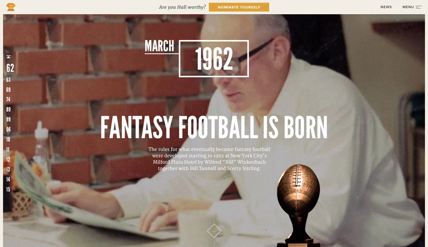 Man with glasses reading a newspaper at a table with a trophy shaped like a football in front; text overlay states March 1962, Fantasy Football is Born, describing the origins of fantasy football at New York City's Milford Plaza Hotel.