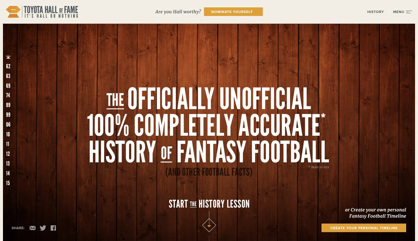 Wooden background with bold white text stating 'The officially unofficial 100% completely accurate history of fantasy football' and buttons for starting the history lesson or creating a personal fantasy football timeline.