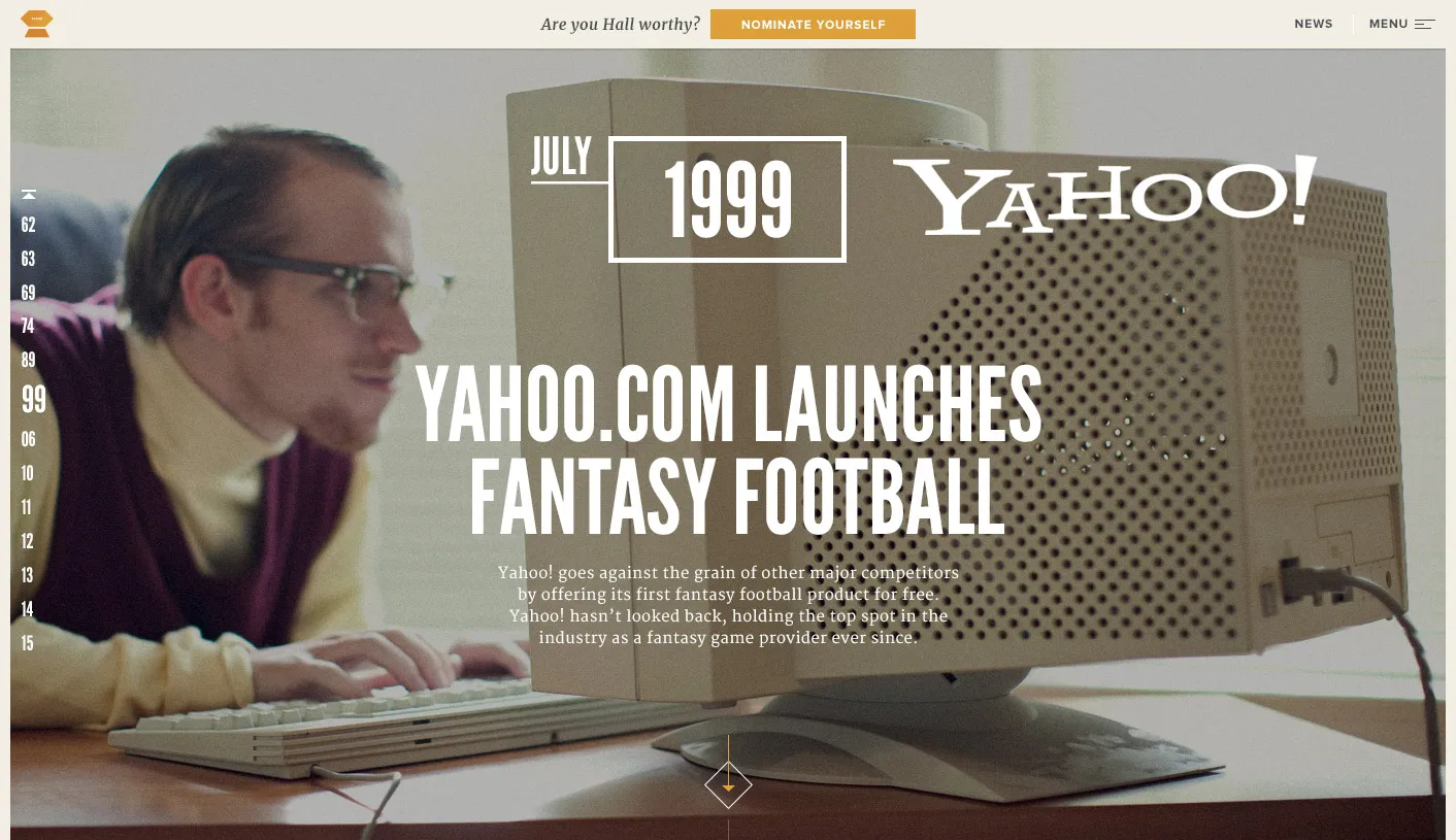 Man in glasses typing on a keyboard beside a beige CRT monitor with overlay text about Yahoo launching fantasy football in July 1999.