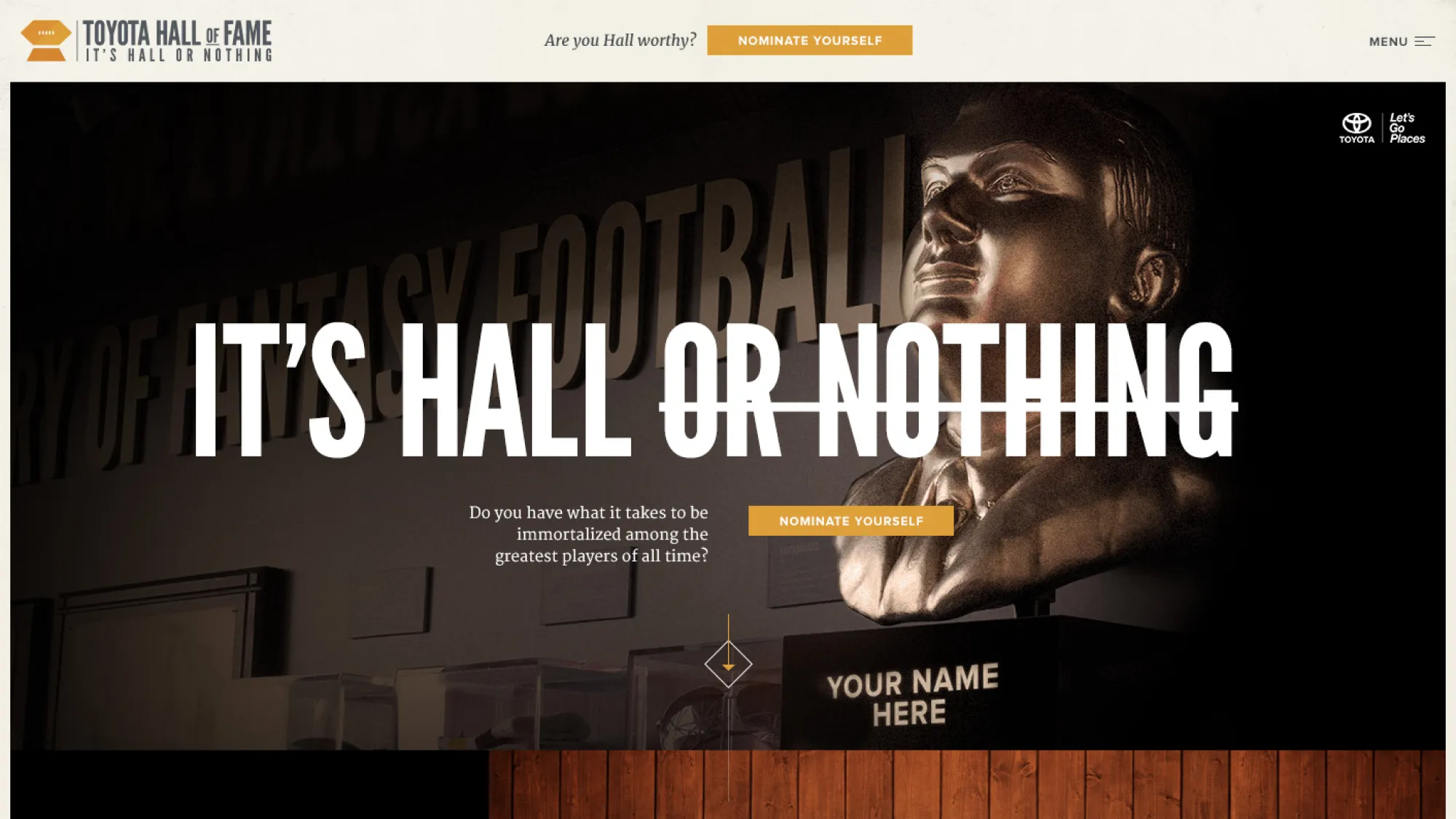 Bronze bust statue on a pedestal labeled 'Your Name Here' with large text saying 'It's Hall or Nothing' in the background.