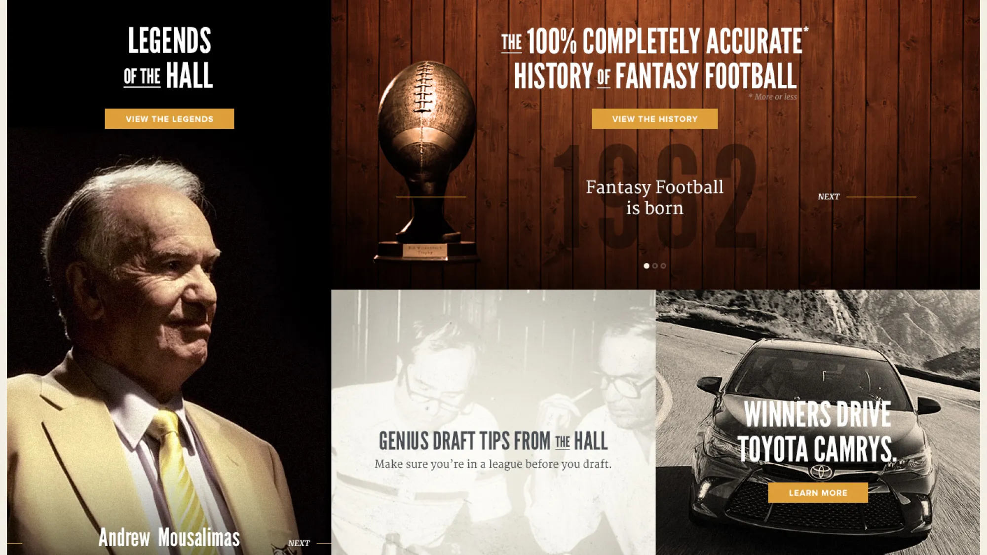 Composite layout featuring a portrait of Andrew Mousalimas in a gold jacket, a vintage football trophy with text about the history of fantasy football from 1962, a black and white photo of two men discussing draft tips, and a Toyota Camry driving on a mountain road with the caption 'Winners drive Toyota Camrys.'
