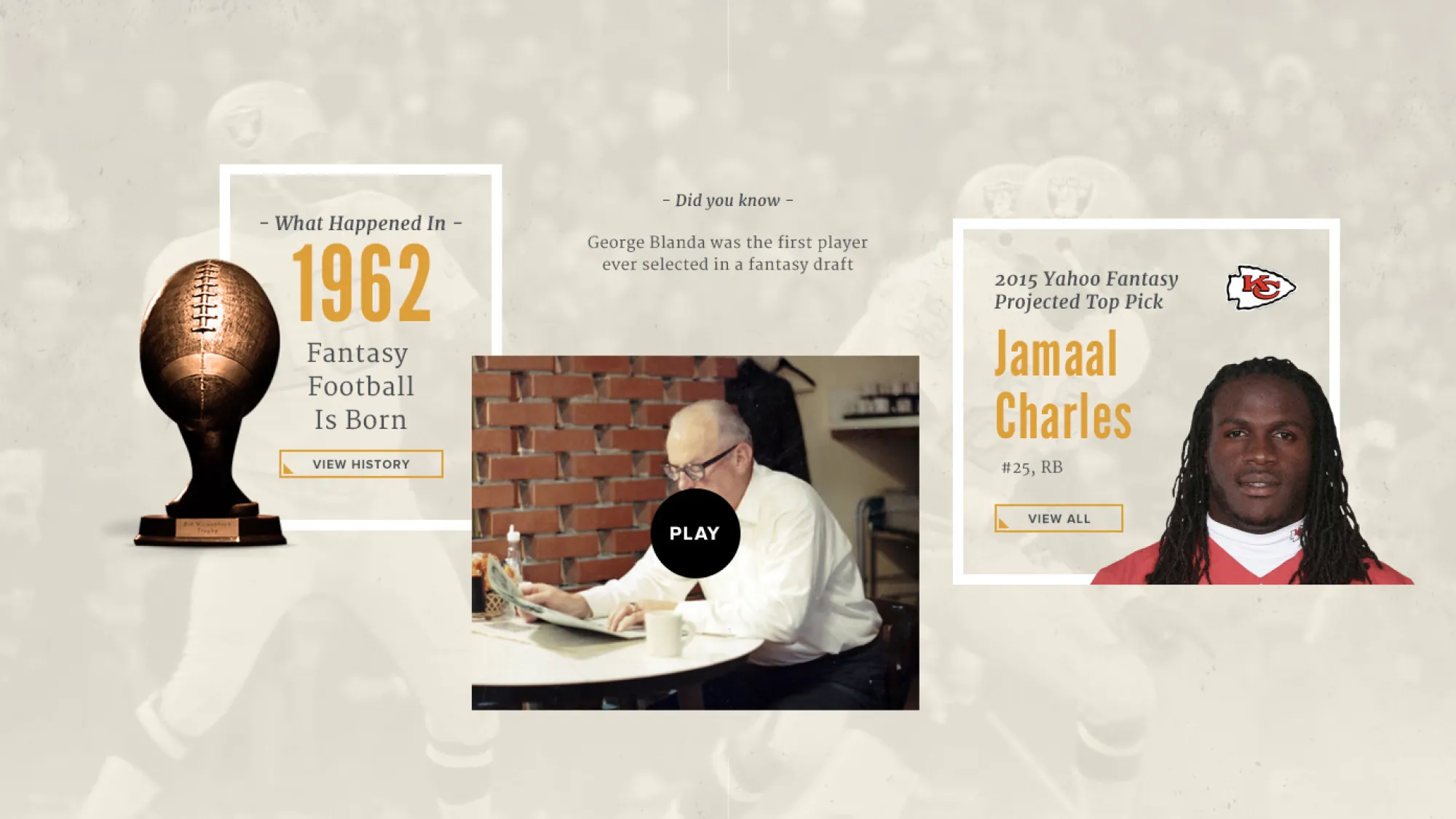 1962 trophy with text 'Fantasy Football is Born,' photo of George Blanda reading at table, and 2015 Yahoo Fantasy top pick Jamaal Charles with Kansas City Chiefs logo.