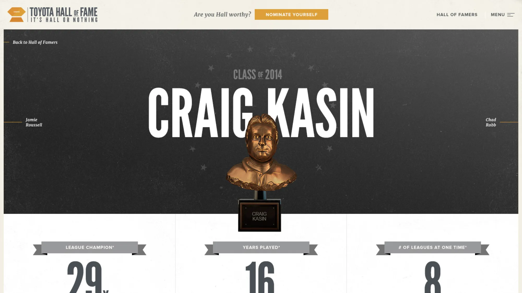 Toyota Hall of Fame page showing class of 2014 inductee Craig Kasin with a bronze bust and stats: 29 league championships, 16 years played, 8 leagues at one time.