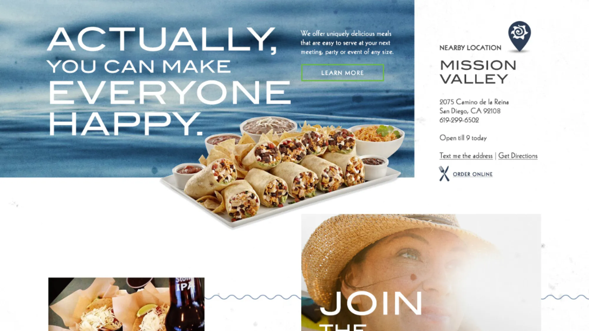 Tray of burritos with chips and bowls of salsa, rice, and beans next to text promoting easy, delicious meals for events and nearby Mission Valley location details.