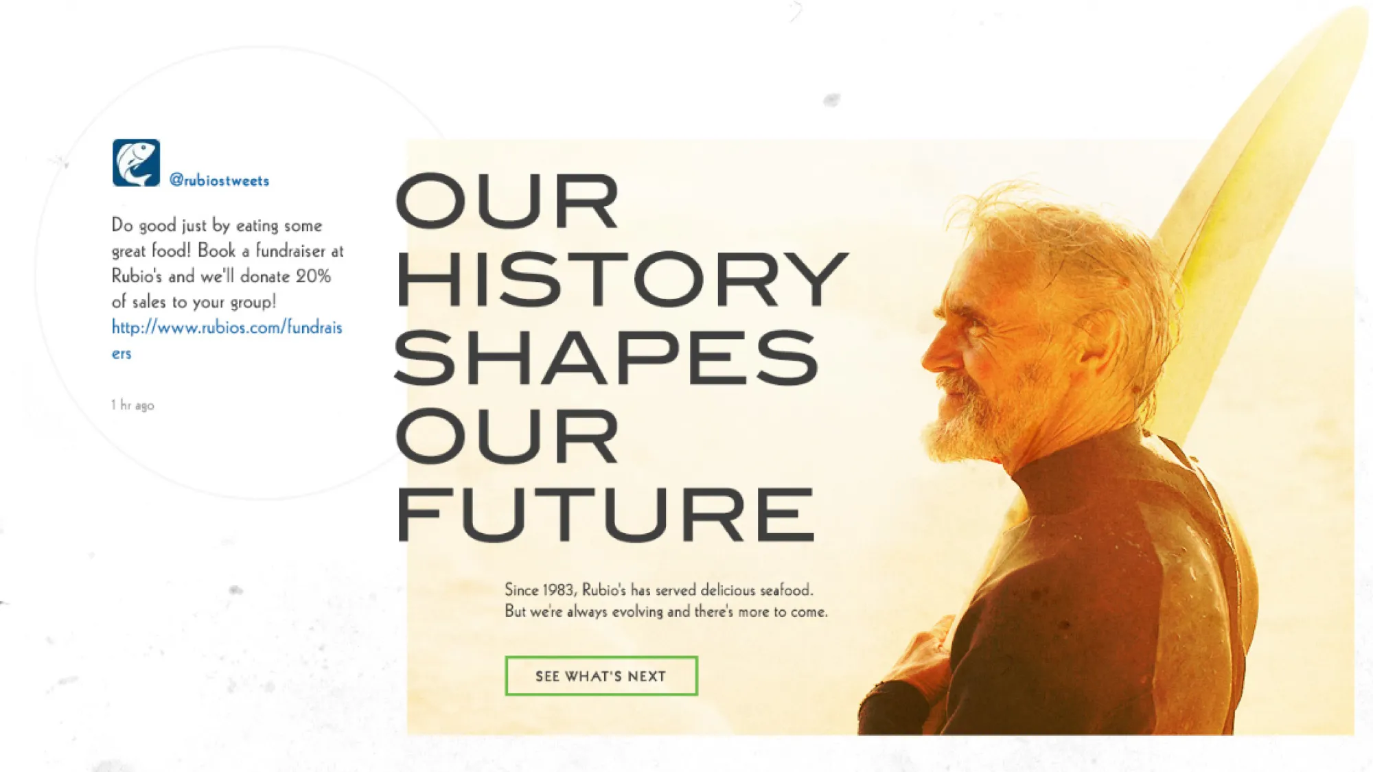 Older man in wetsuit holding a surfboard with text about Rubio's history and fundraiser donation offer.