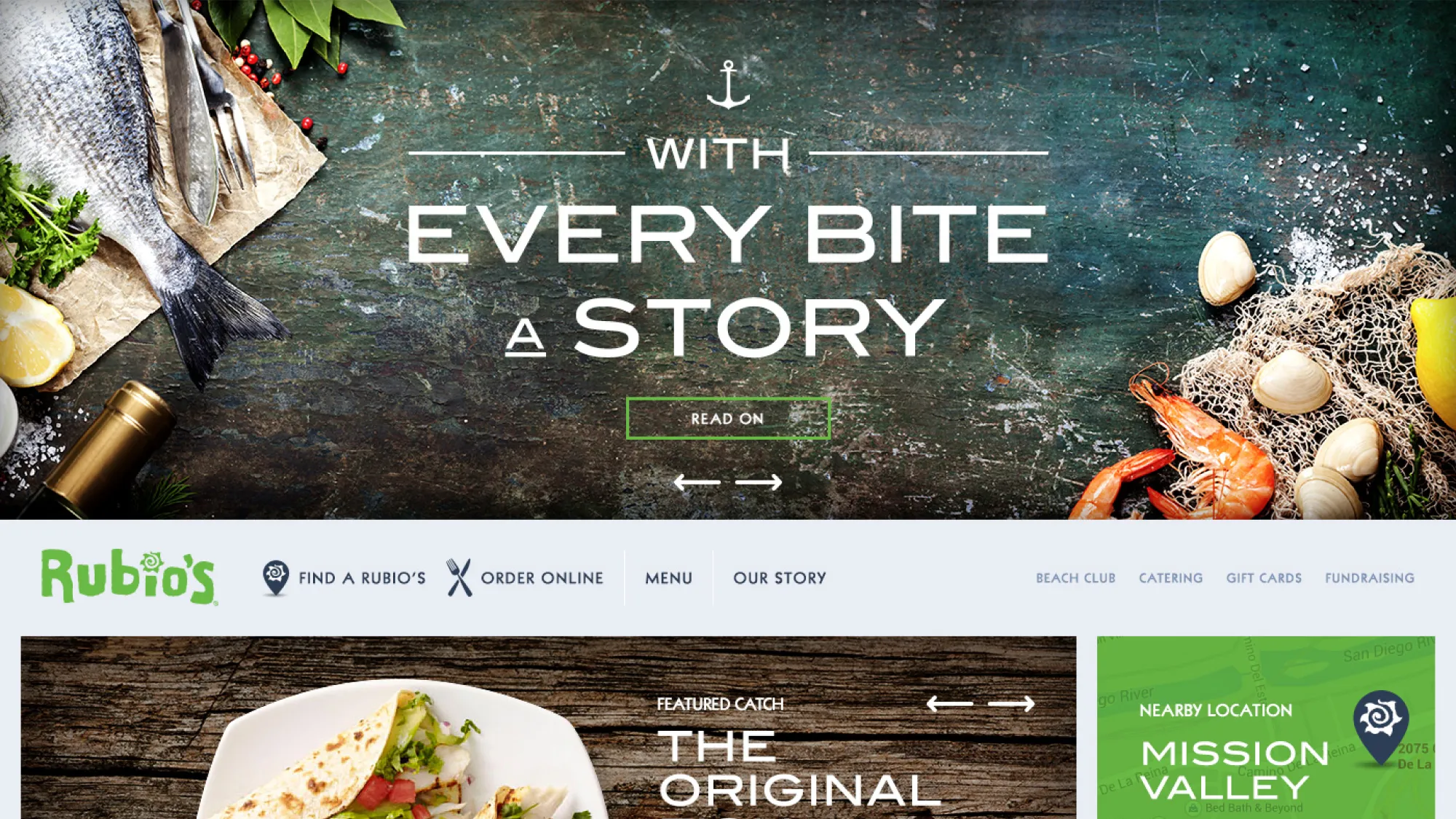 Top-down view of fresh seafood including fish, shrimp, and clams with text 'With every bite a story' on a rustic surface.