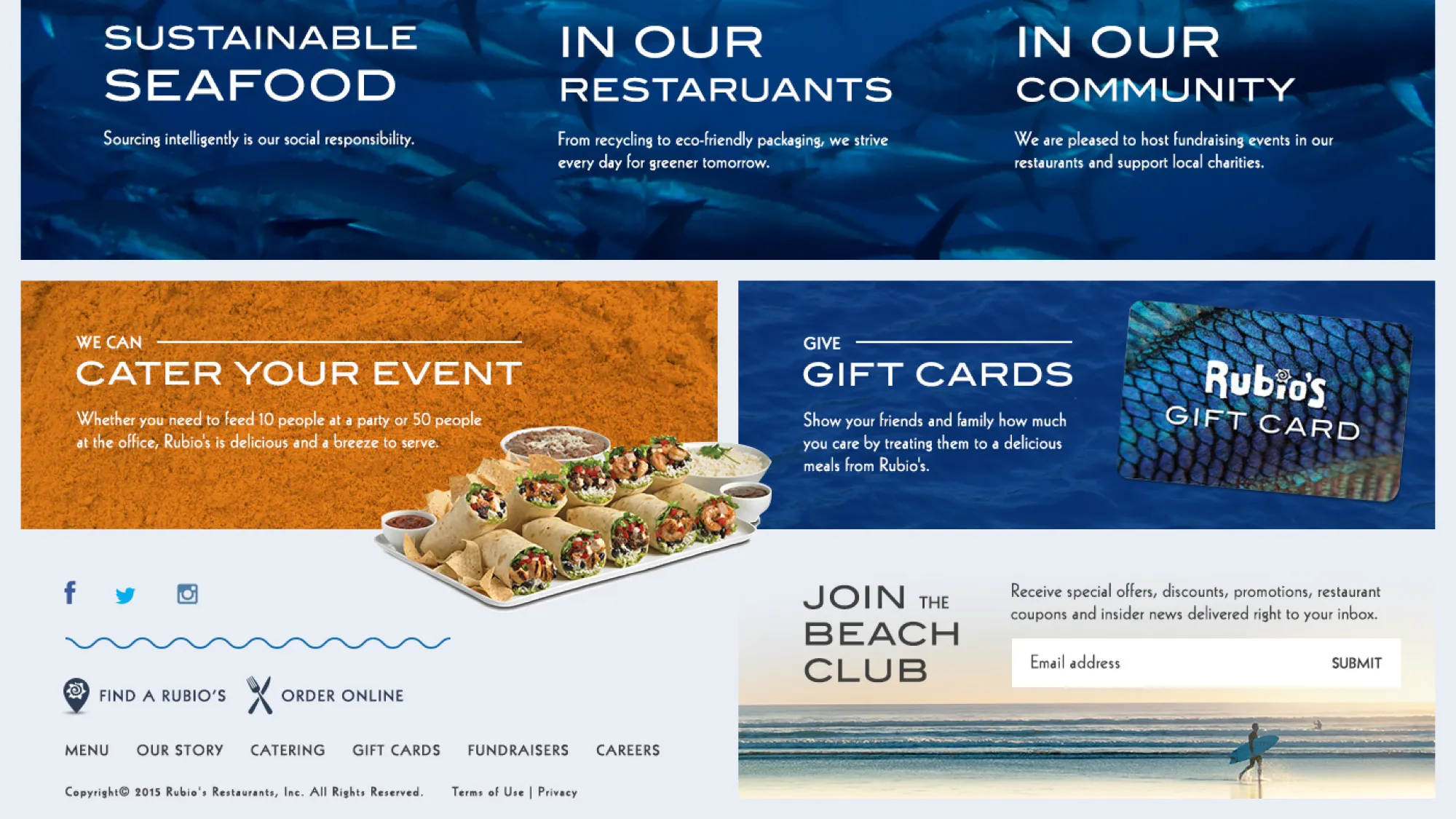 Rubio’s promotional image highlighting sustainable seafood, restaurant eco-friendly efforts, community fundraising, catering services with a tray of burritos, gift cards, and joining the Beach Club with email sign-up.