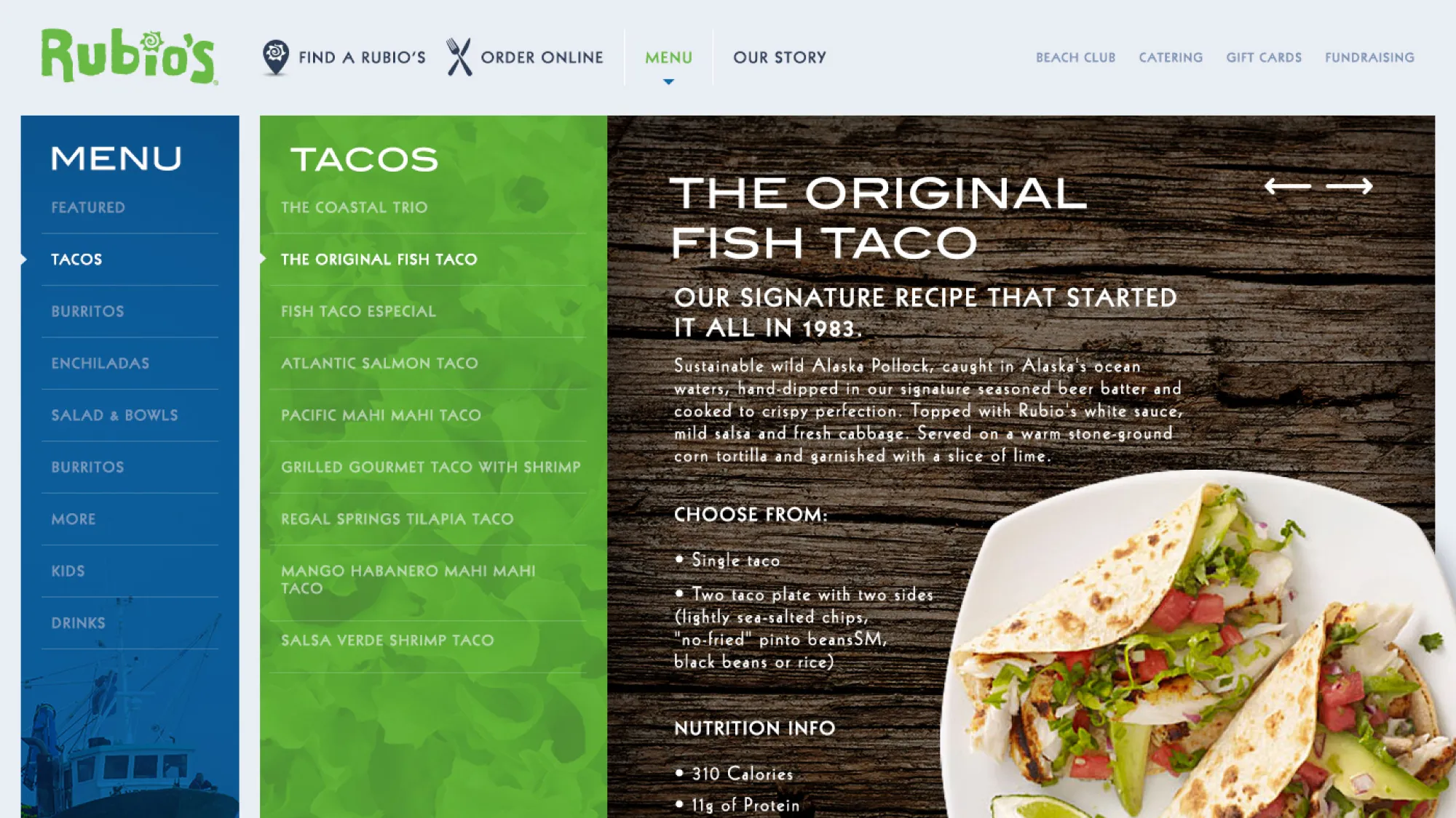 Rubio’s menu screen showing taco options with a close-up of original fish tacos on a white plate garnished with lime and vegetables.