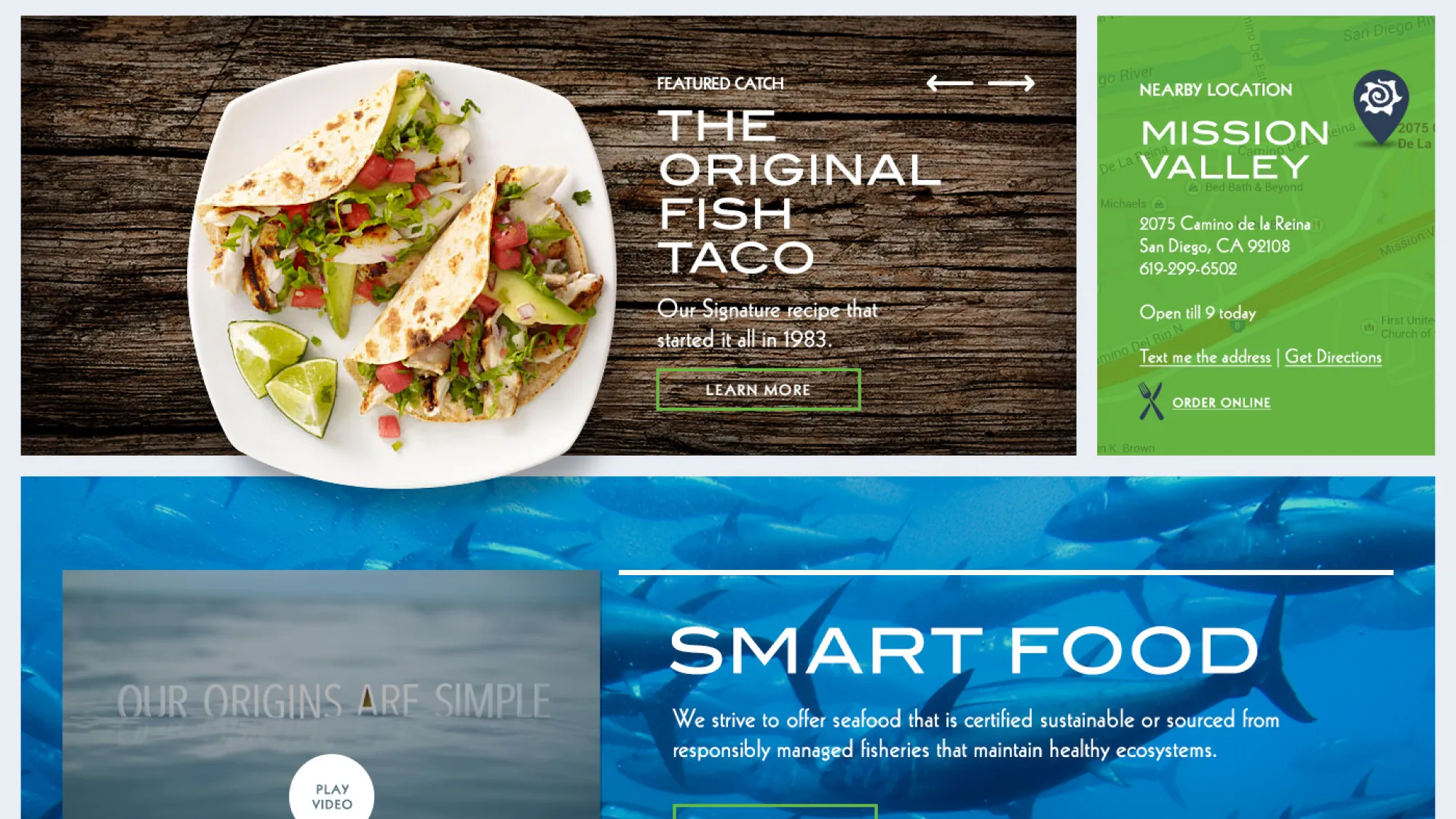 Plate with two fish tacos and lime wedges beside text featuring 'The Original Fish Taco' and nearby restaurant location details for Mission Valley, San Diego.