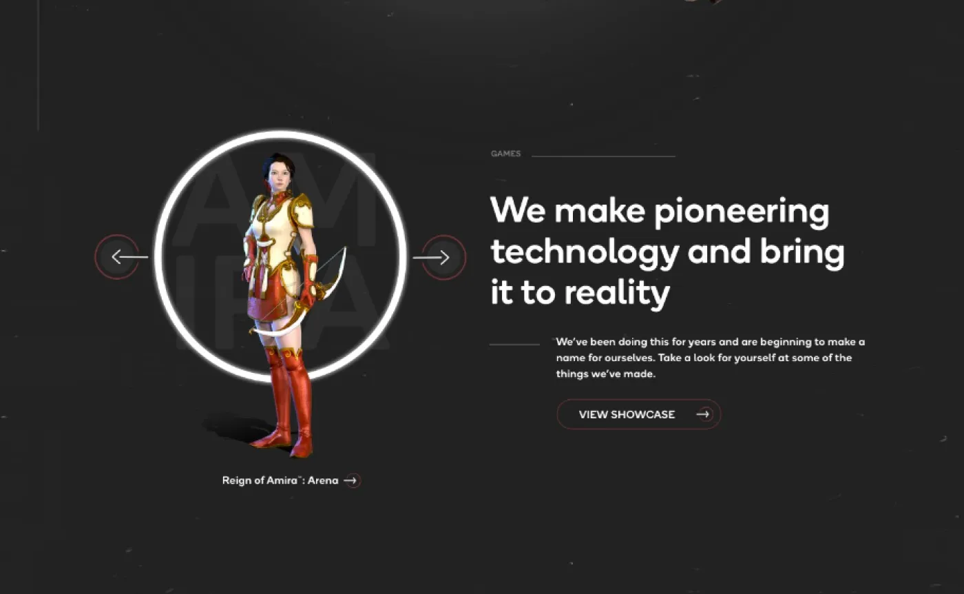 3D female warrior character in red and gold armor holding a curved blade, standing in front of a glowing circle with navigation arrows on a dark background with text about pioneering technology.