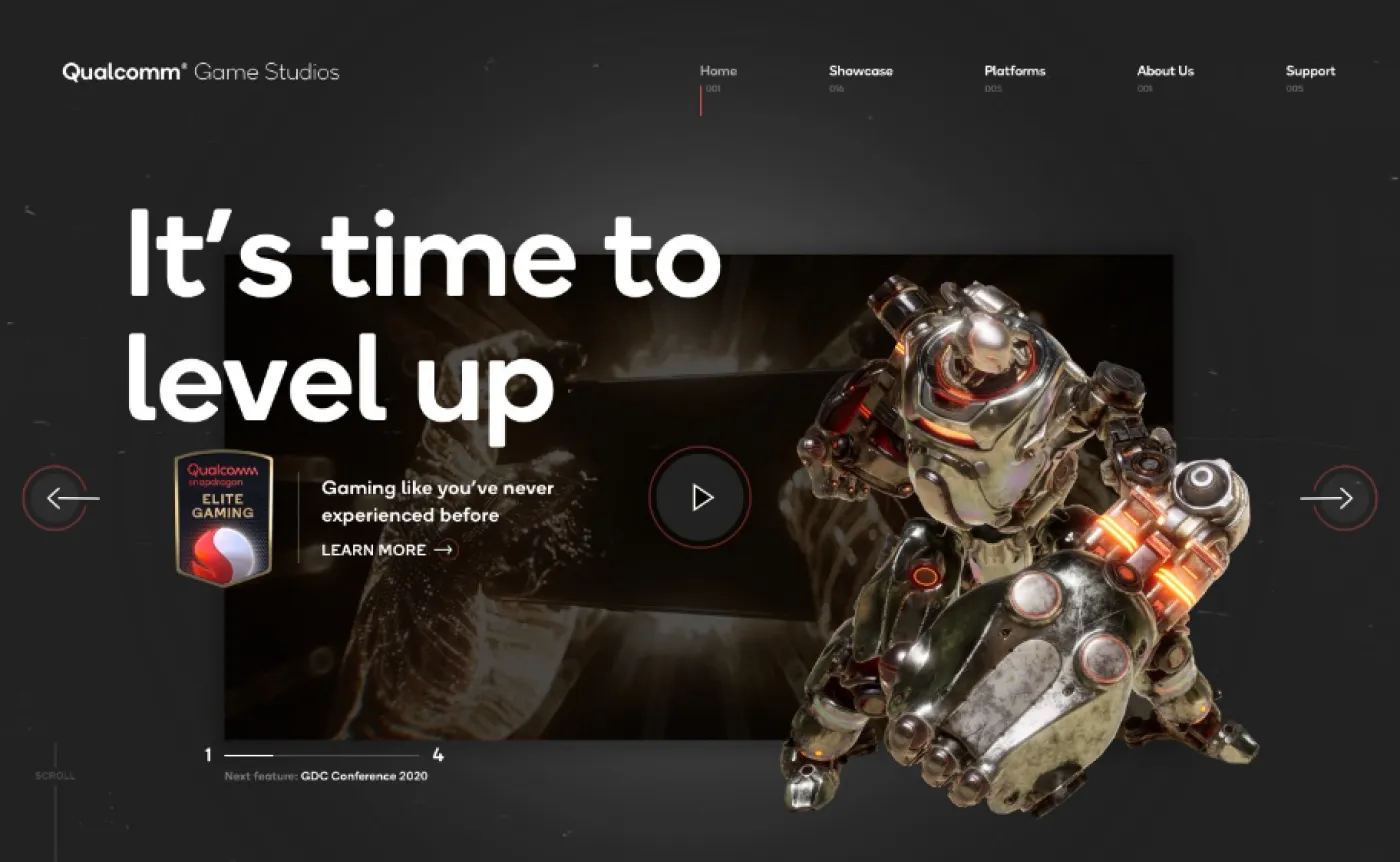 Futuristic robot character with glowing orange details featured on a gaming showcase page with the text 'It's time to level up' and Qualcomm Snapdragon Elite Gaming badge.
