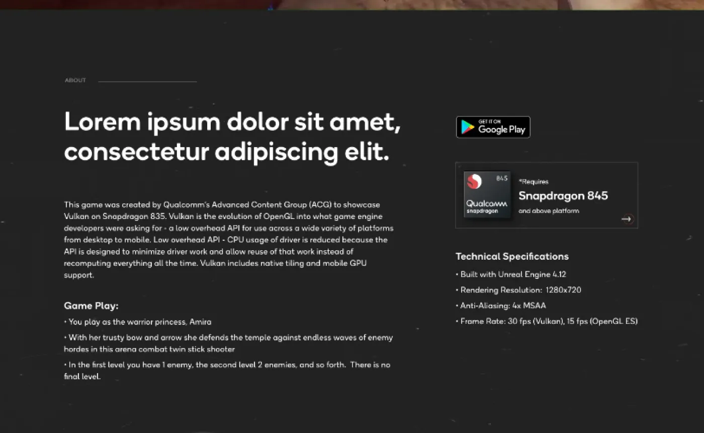 Game description page featuring Qualcomm's Snapdragon 845 requirements, gameplay details about warrior princess Amira, and technical specs including Unreal Engine 4.12 and 1280x720 resolution.