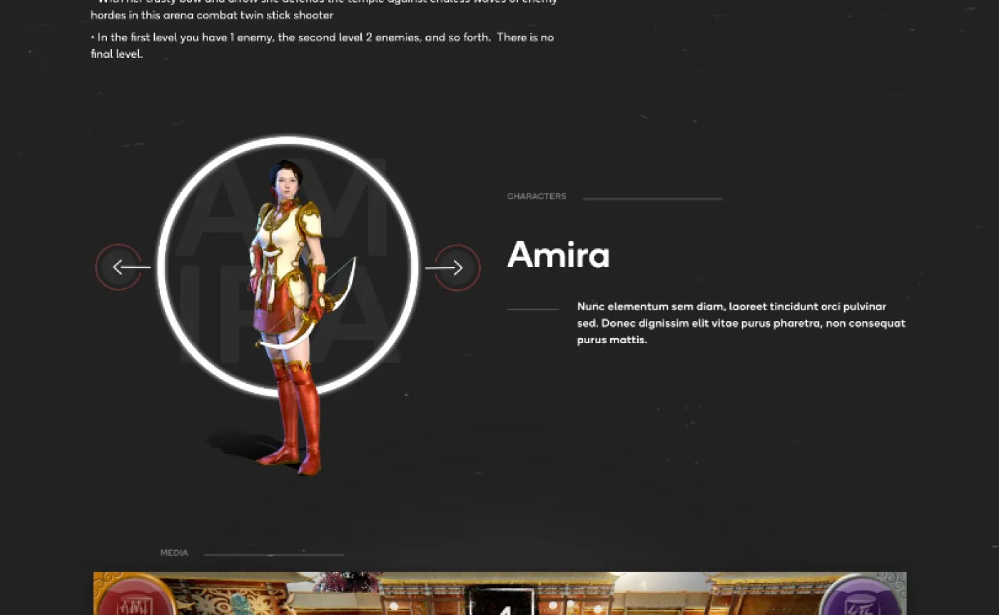 Game character screen showing Amira, a female warrior in red and gold armor holding a bow, with navigation arrows and descriptive text.