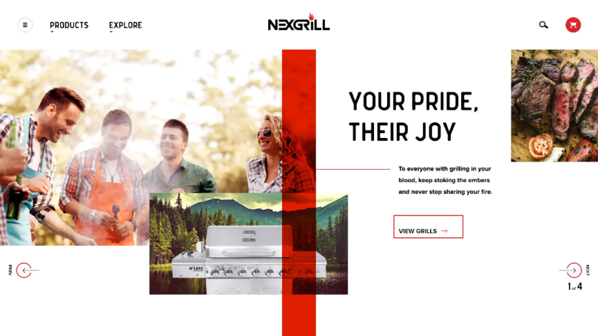 Group of friends enjoying a barbecue with a large modern gas grill and sliced grilled meat on a wooden board.