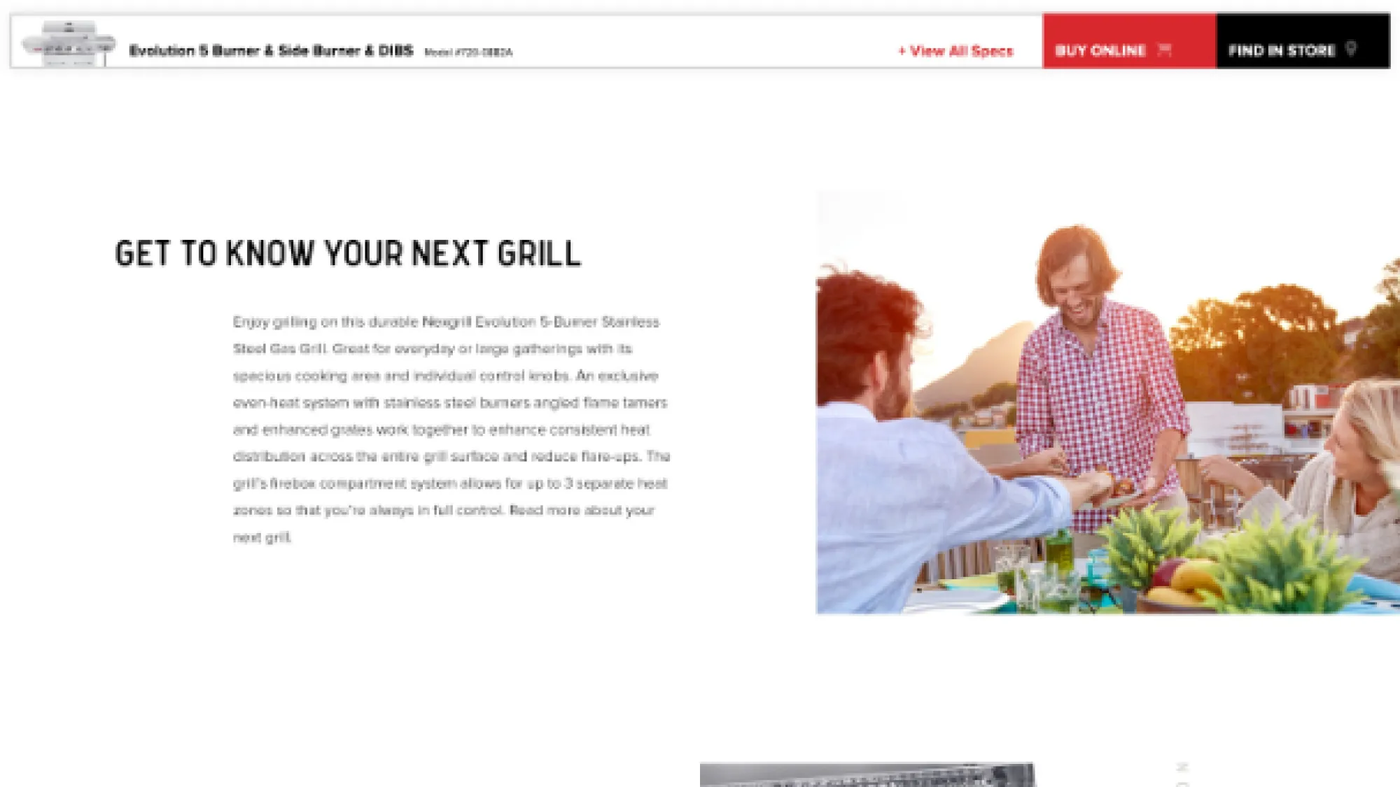 Three people enjoying grilled food outdoors at sunset, passing a plate across a table with fruit and drinks.