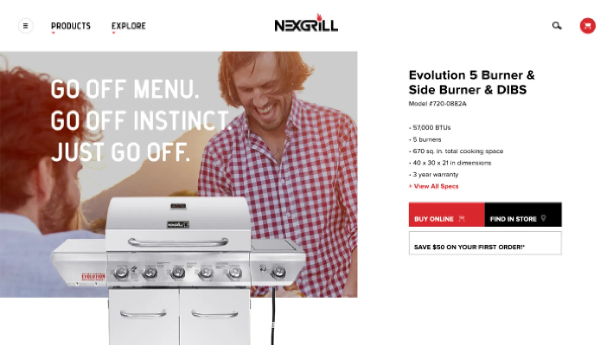 Nexgrill Evolution 5 Burner gas grill with smiling people in the background and text highlighting features and buying options.
