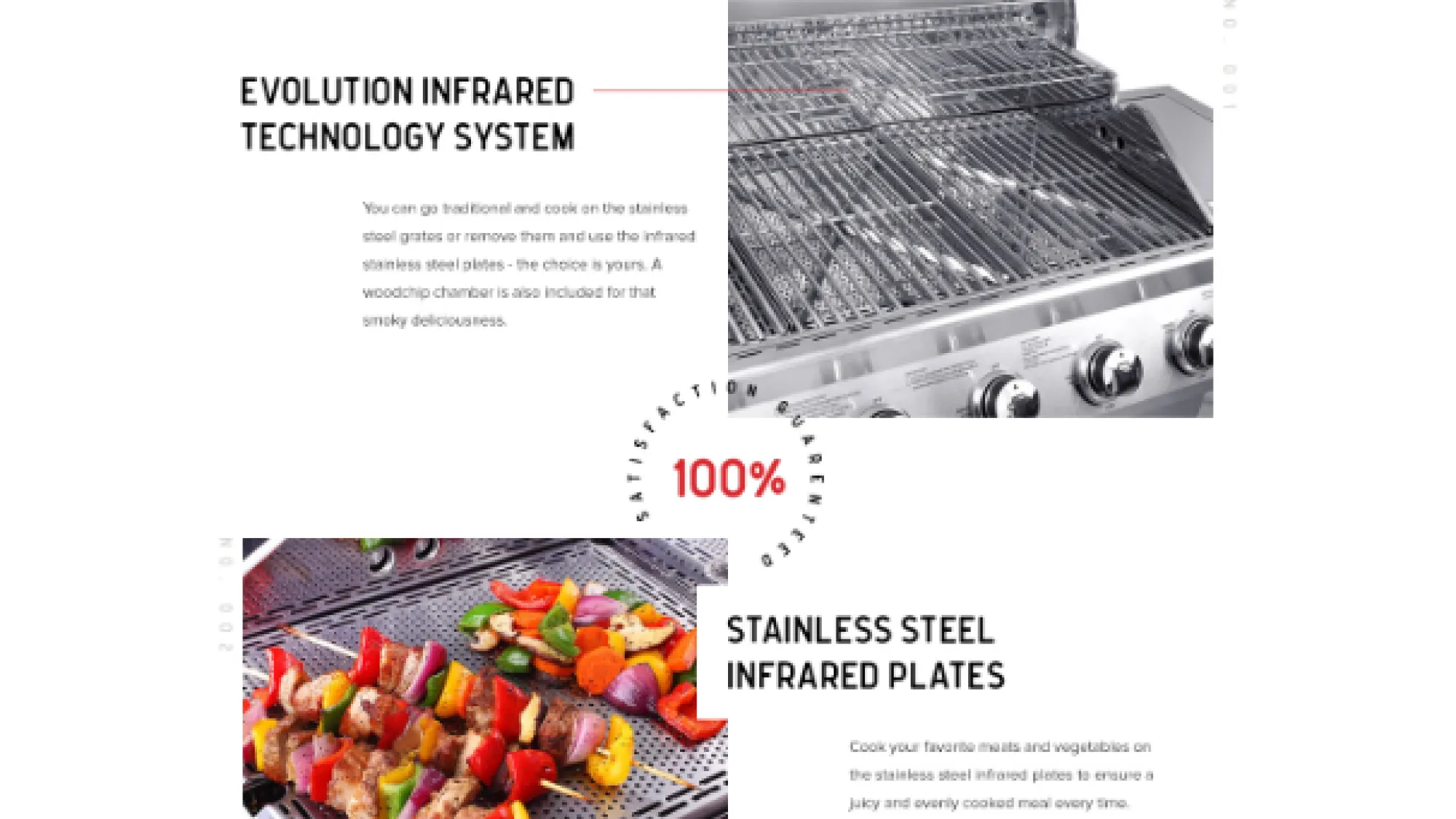Top image shows a stainless steel grill with multiple control knobs. Bottom image shows colorful skewers of meat and vegetables cooking on stainless steel infrared plates.
