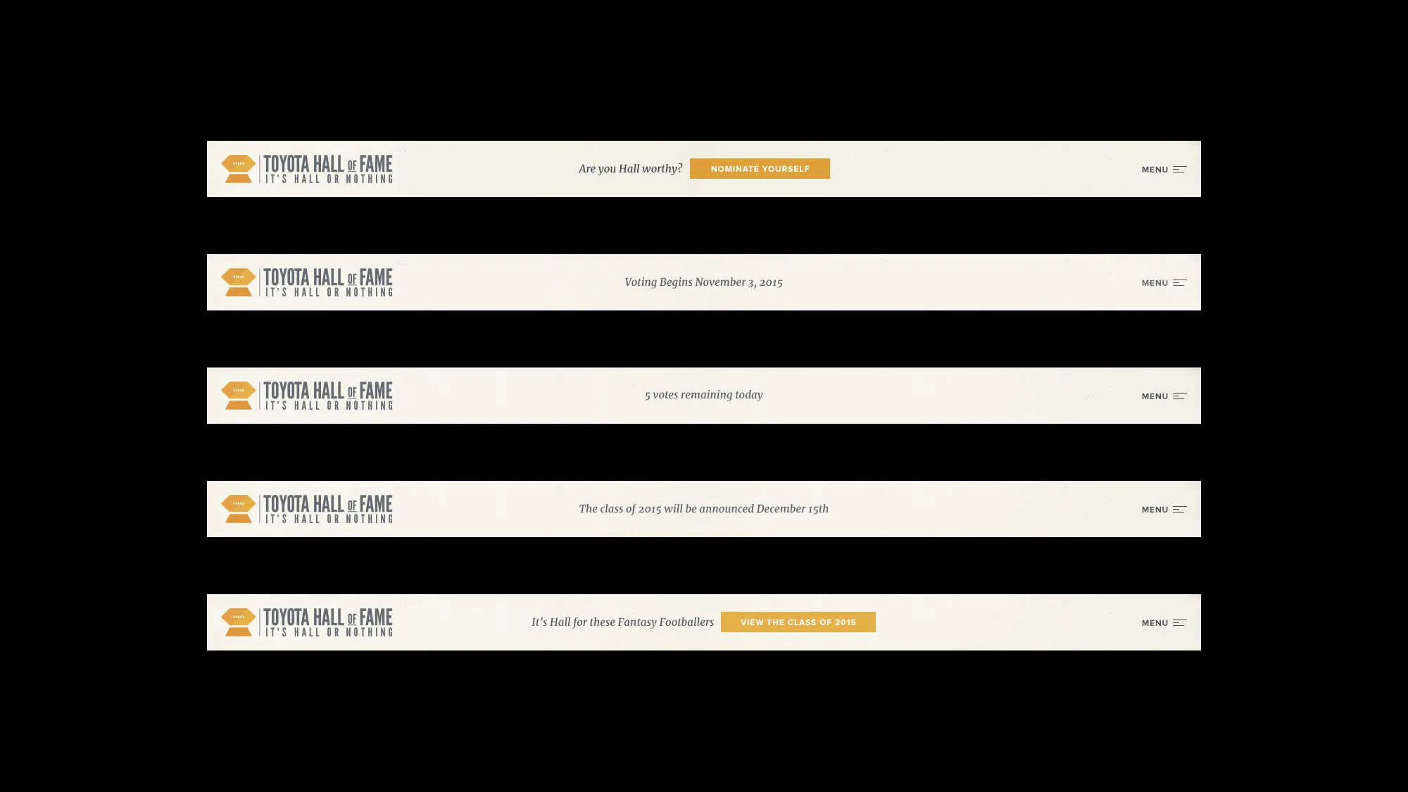 Toyota Hall of Fame website headers showing nominations, voting, vote count, announcement date, and fantasy footballers with menu options.