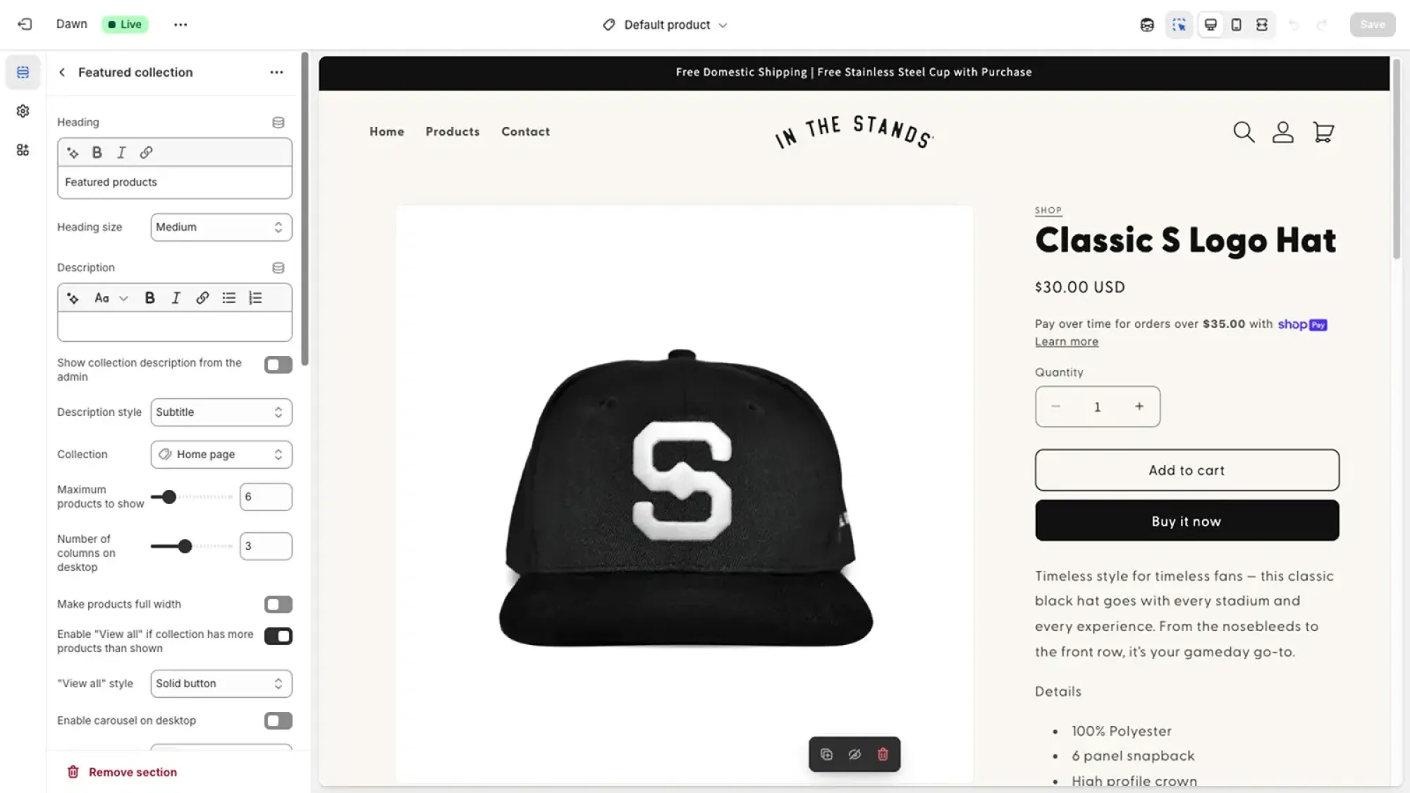 Black baseball hat with a large white letter S logo on the front displayed on a product page.