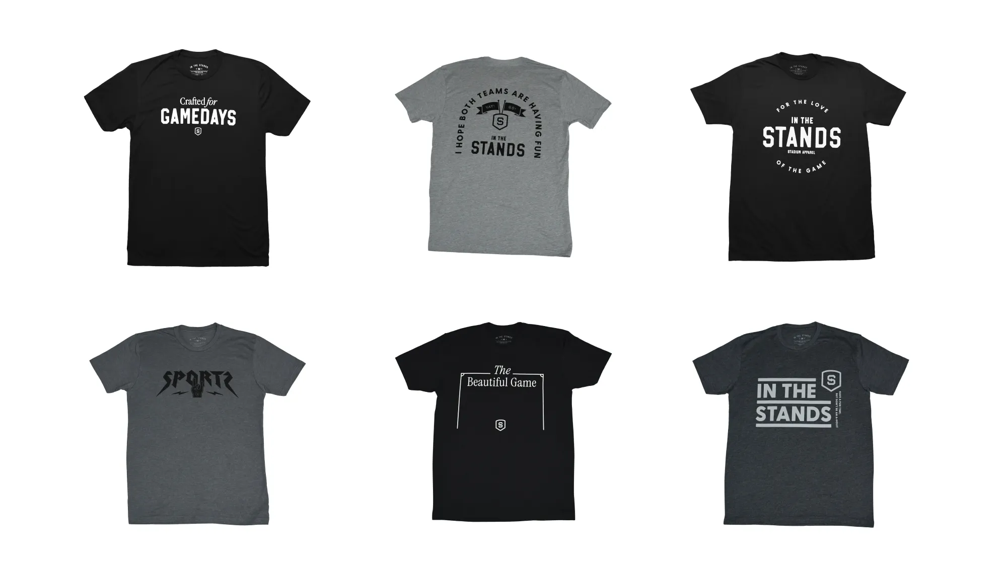 Six sports-themed t-shirts arranged in two rows, featuring text designs like 'Crafted for GAMEDAYS,' 'The Beautiful Game,' and 'IN THE STANDS.'
