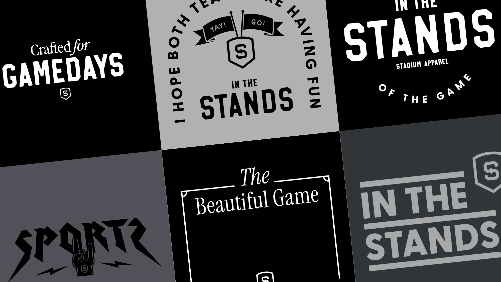 Black and grey tiles with sports-themed text including 'Crafted for GAMEDAYS,' 'I hope both teams are having fun in the STANDS,' 'STANDS of the game,' 'SPORT' with a hand sign, 'The Beautiful Game,' and 'IN THE STANDS.'