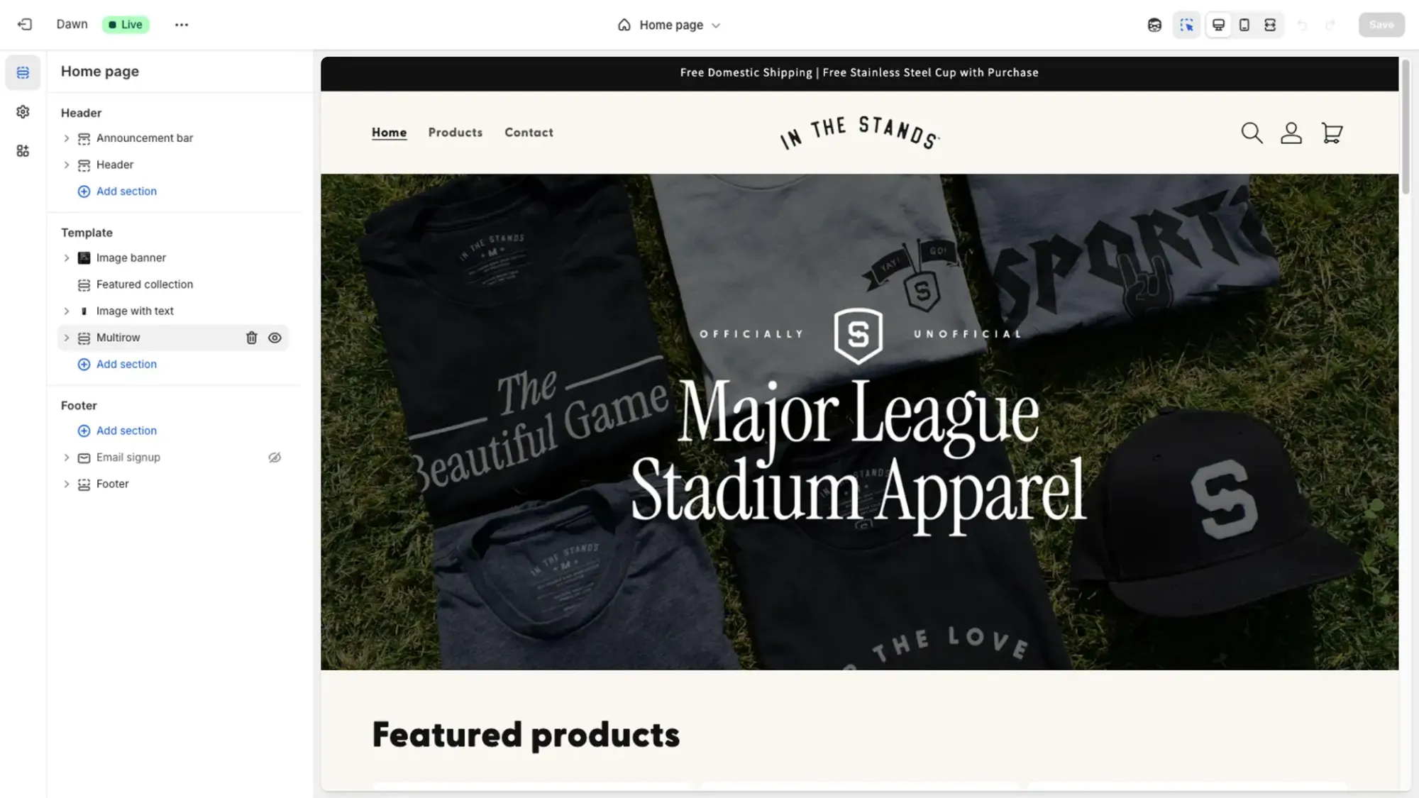 Website homepage preview showing Major League Stadium Apparel with folded t-shirts and a baseball cap on grass.