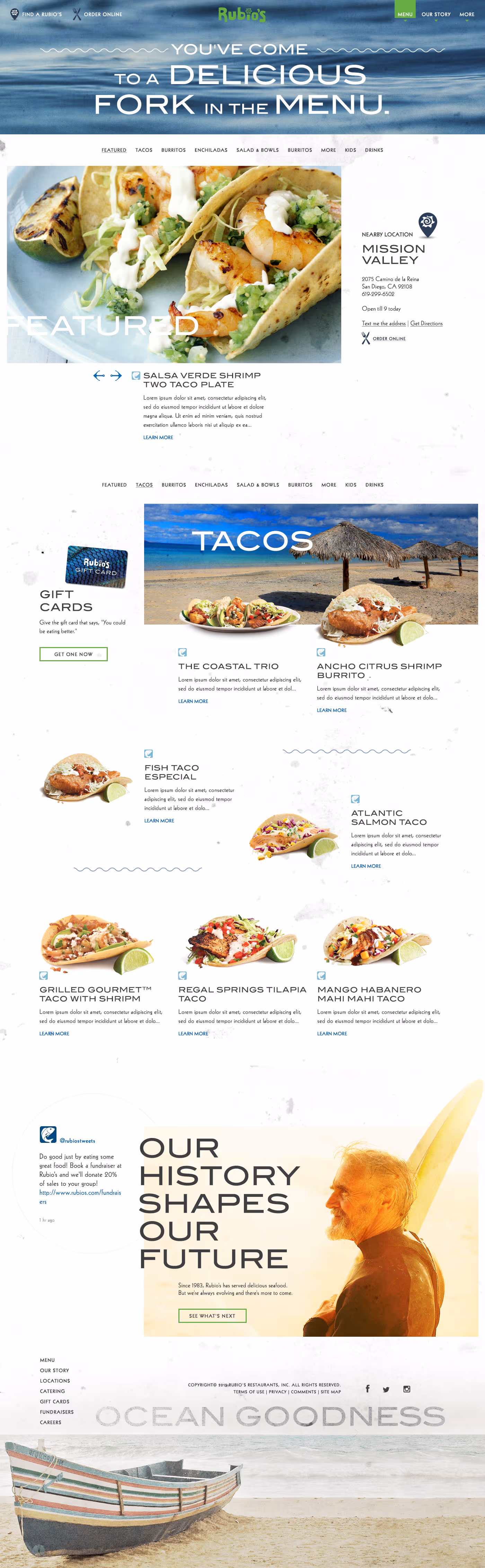 Rubio's menu webpage featuring a featured image of salsa verde shrimp tacos, taco options with images on a beach background, and a section highlighting Rubio's history with a surfer holding a surfboard.