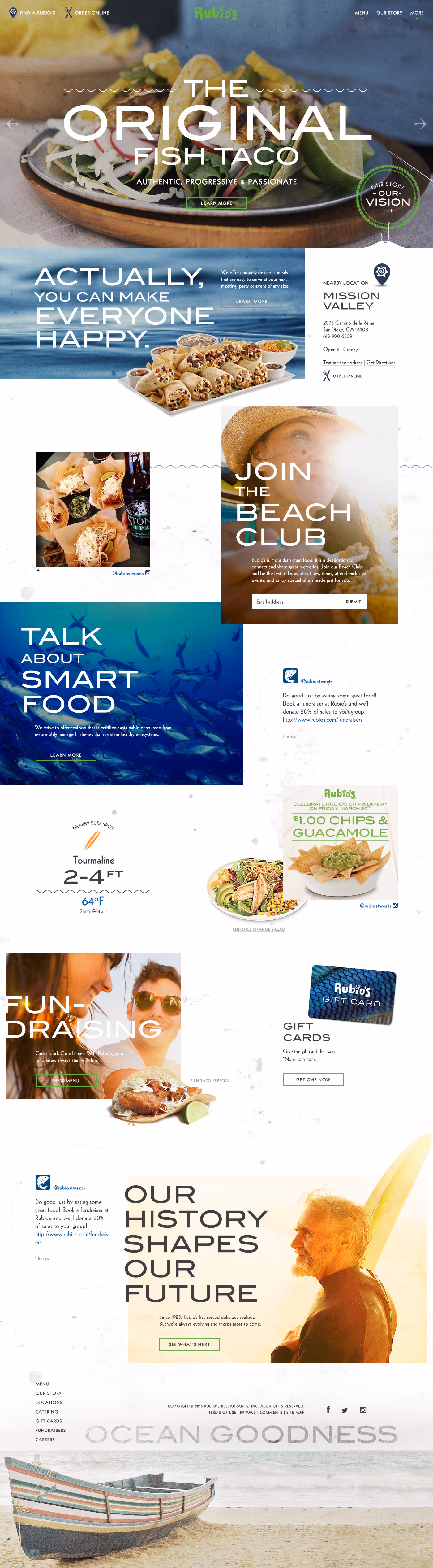 Rubio's restaurant homepage featuring original fish taco, beach club invitation, sustainable seafood message, gift cards, and ocean imagery.