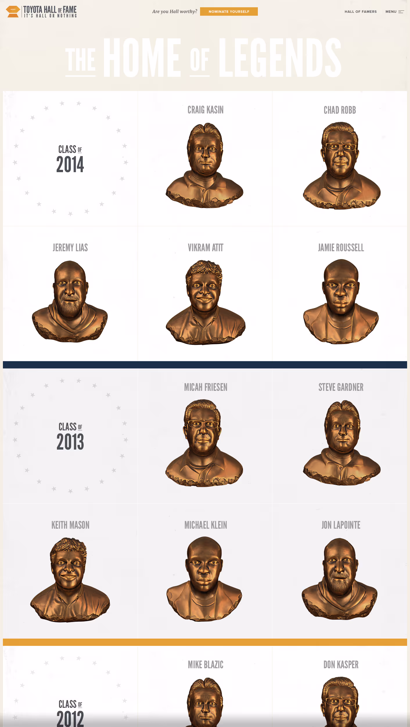 Bronze bust statues of Toyota Hall of Fame inductees from the classes of 2014, 2013, and 2012 with names displayed above each bust.