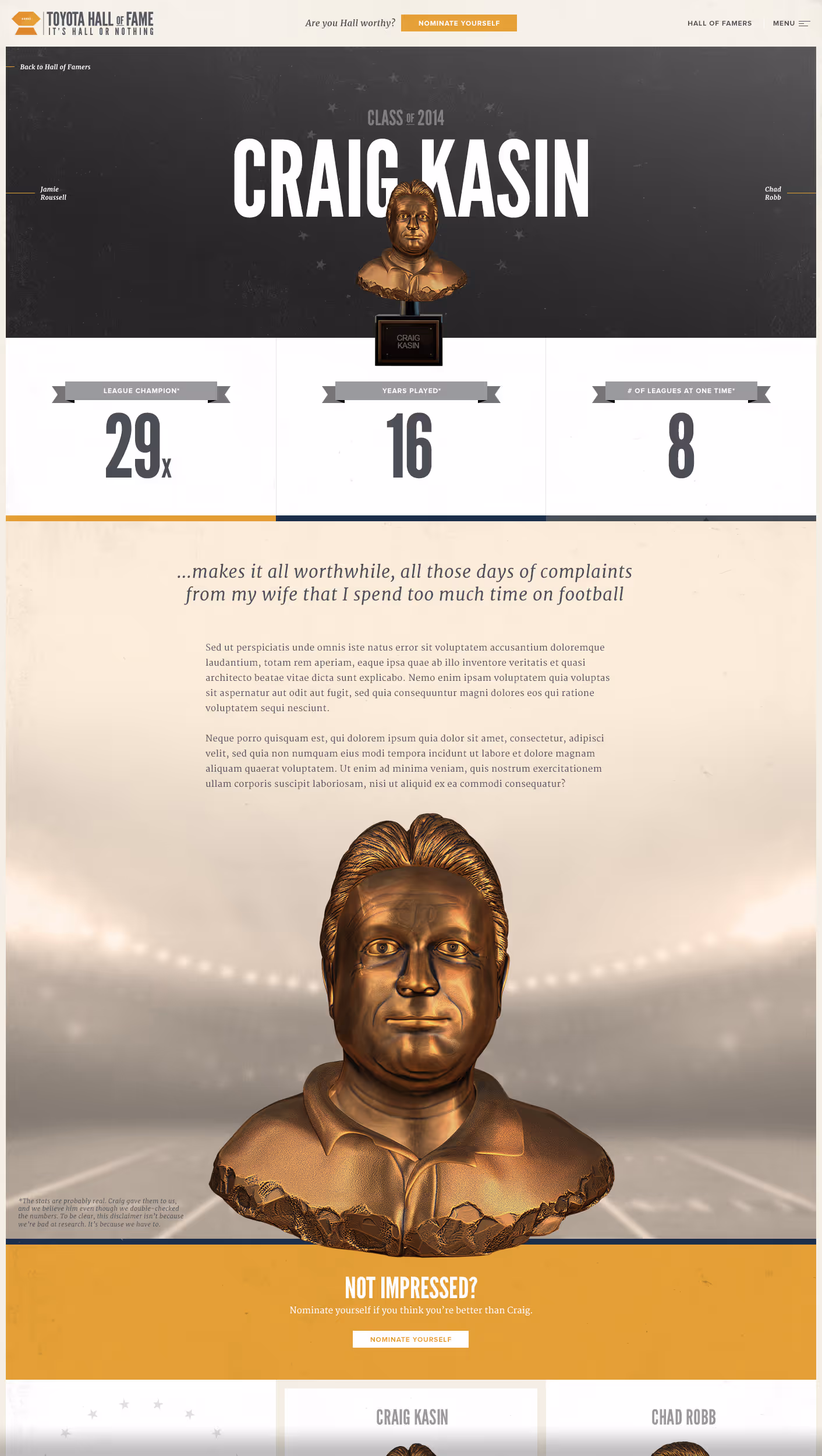 Toyota Hall of Fame page for Craig Kasin, Class of 2014, showing a bronze bust, 29 league championships, 16 years played, and 8 leagues at one time.