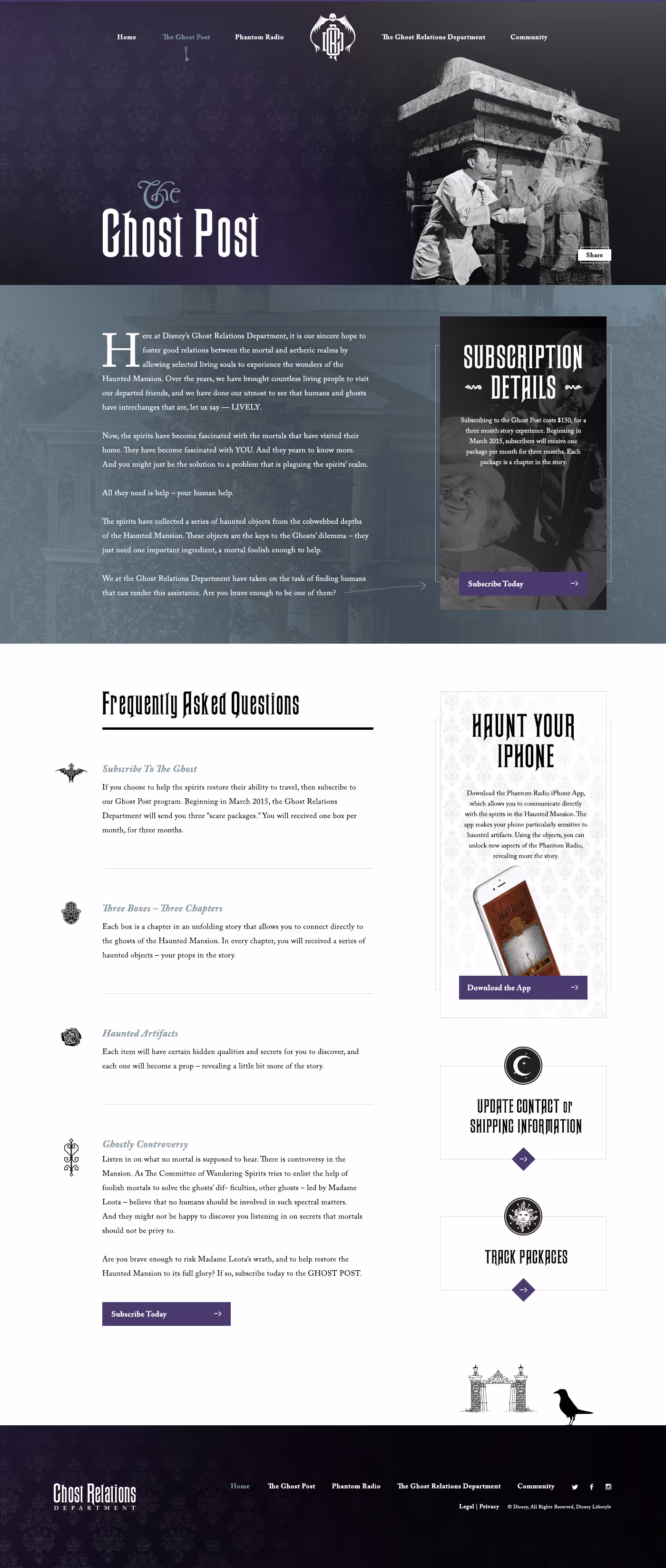 Ghost Relations Department homepage with a man interacting with a ghost, subscription details, FAQs about ghost interactions, and app download for Phantom Radio.
