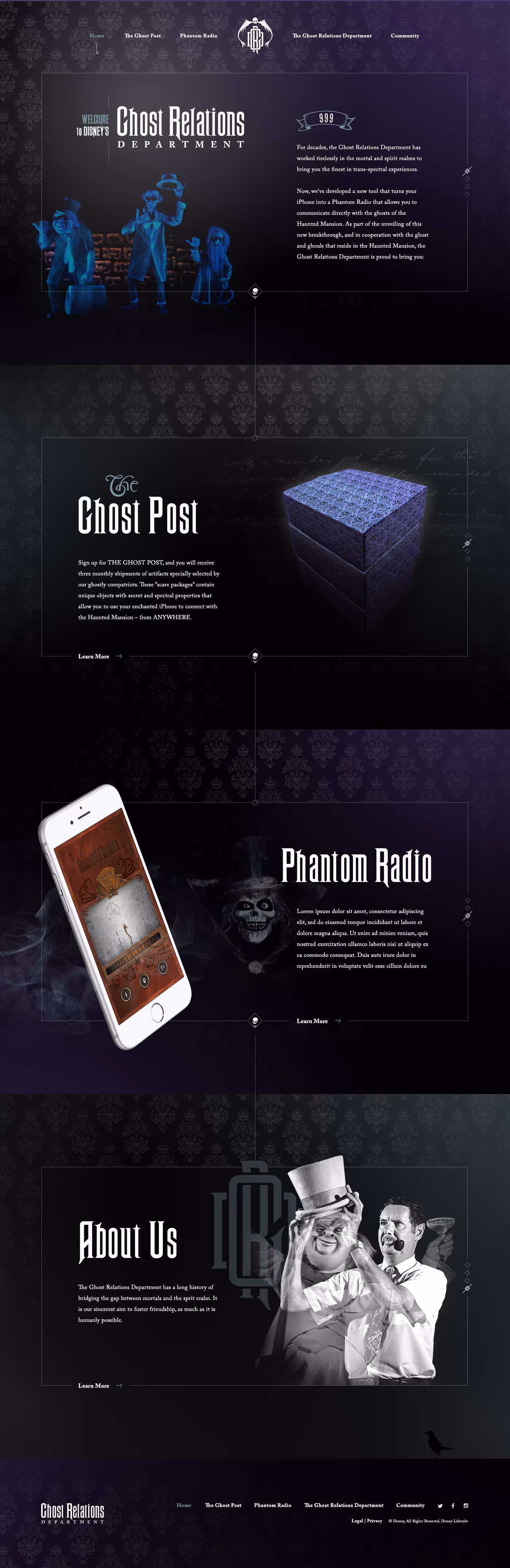 Disney's Ghost Relations Department webpage with sections on Ghost Post subscriptions, Phantom Radio app, and About Us featuring ghostly and spectral themed images.