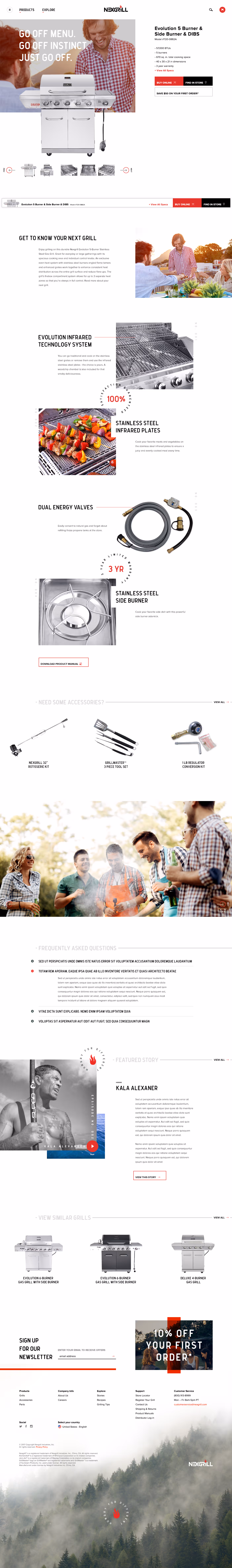 Nexgrill Evolution 5 Burner & Side Burner outdoor gas grill with control knobs and storage cabinet, showcasing infrared technology and accessories.