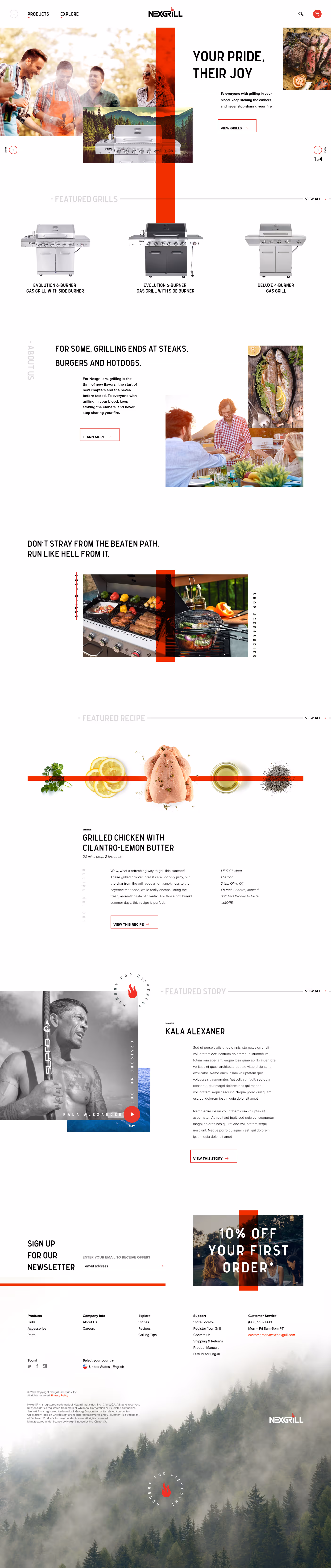 Nexgrill homepage featuring gas grills, a featured recipe with ingredients for grilled chicken, images of grilled food and people enjoying barbecues, and promotional text.