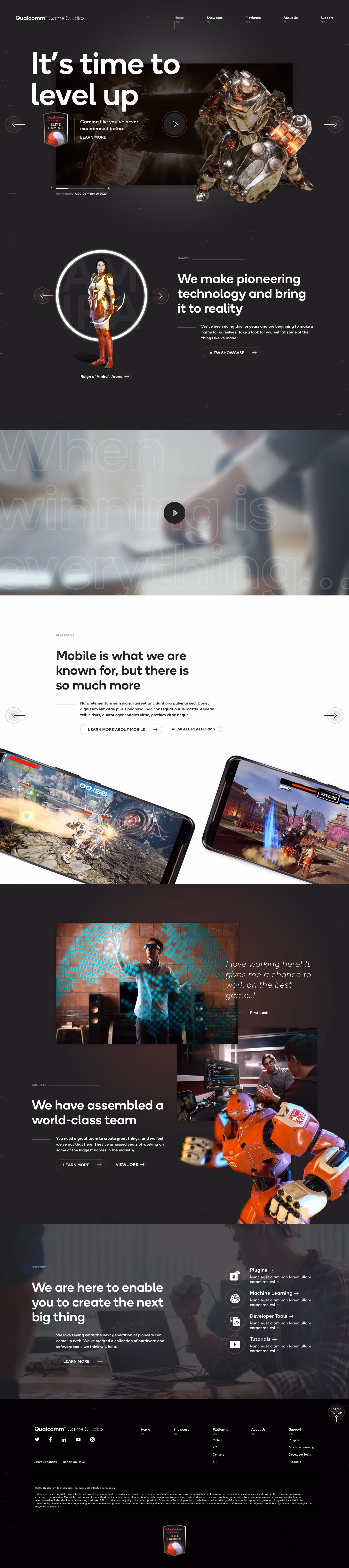 Qualcomm Game Studios webpage featuring futuristic robot characters, mobile gaming screenshots, and descriptions of pioneering technology and a world-class team.