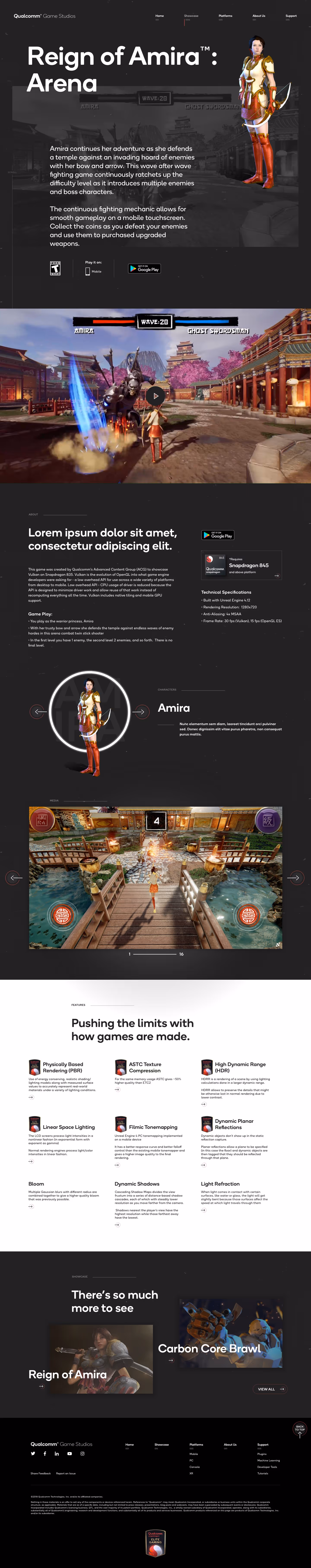 Webpage showcasing the game Reign of Amira Arena, featuring a female archer character, gameplay screenshots, game features, and downloadable app icons.