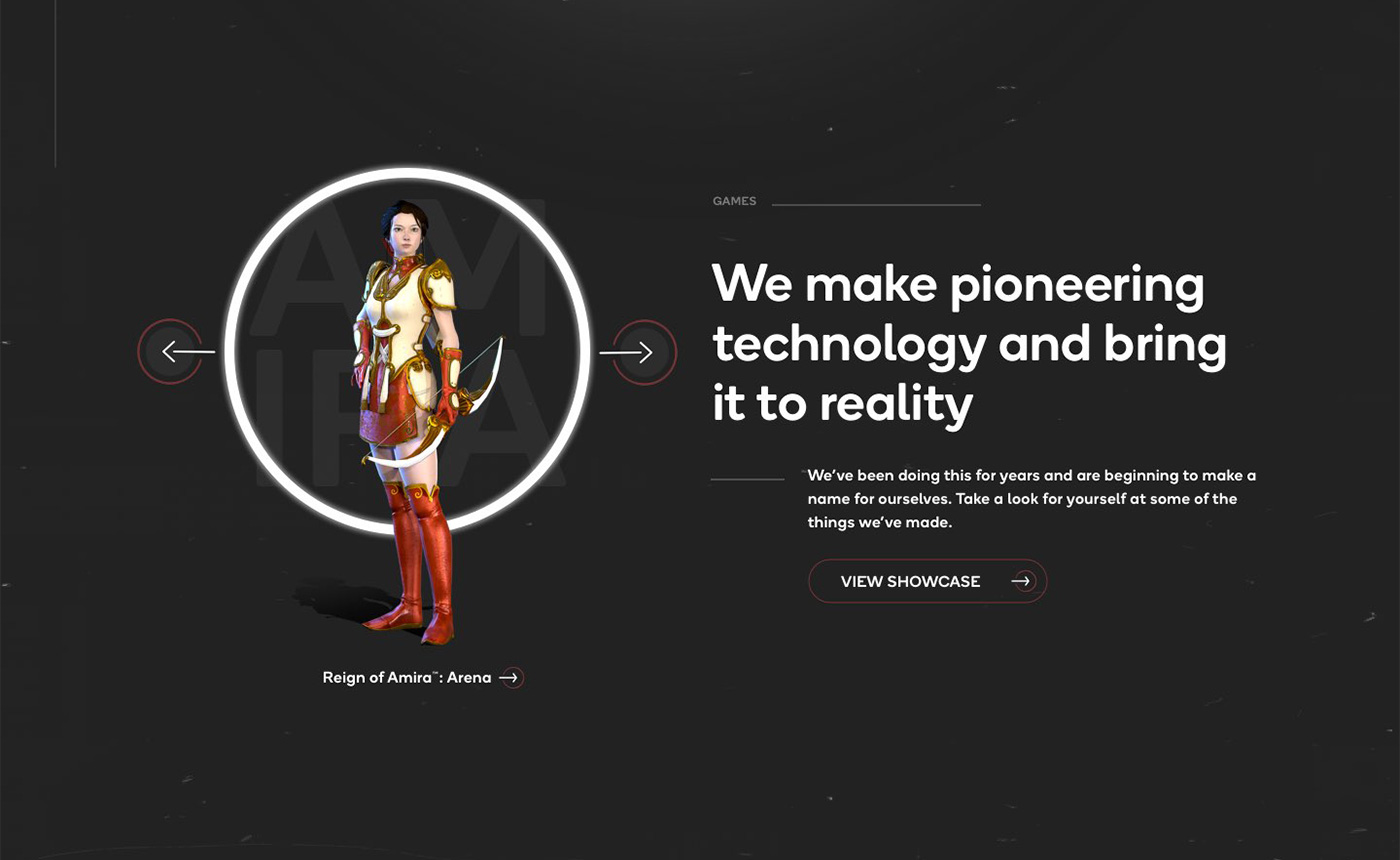 Games section featuring the Reign of Amira: Arena heroine and the headline 'We make pioneering technology and bring it to reality'