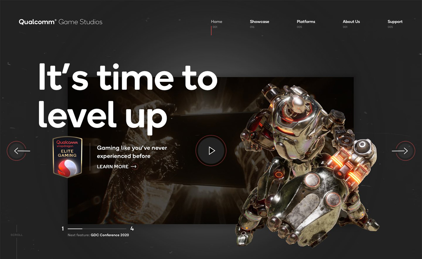 Qualcomm Game Studios homepage concept with the headline 'It's time to level up' and an armored robot character