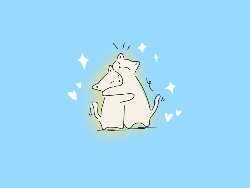 Two cream cats hugging tightly amid hearts and sparkles, a comforting image for easing relationship and attachment anxiety