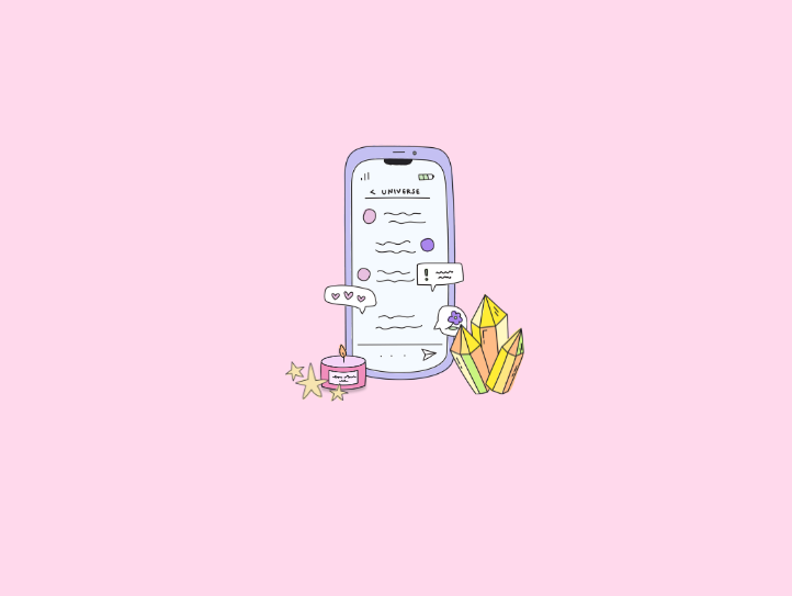 Phone displaying a Universe chat surrounded by crystals, a pink candle and stars, for Gen Z mental health support apps