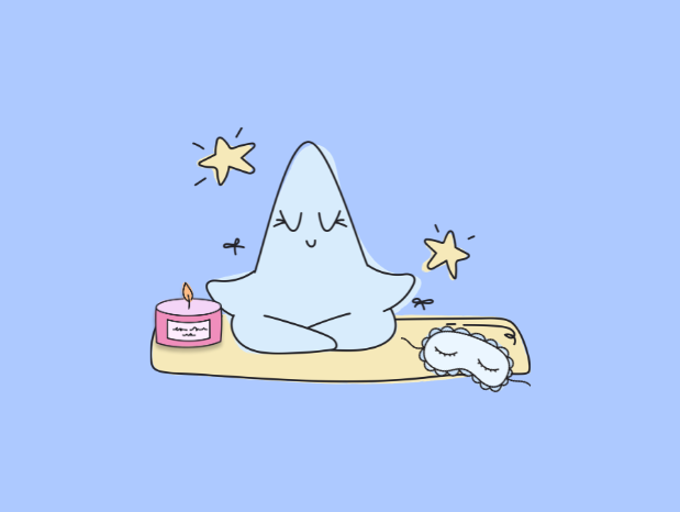 Calm Manifest star mascot meditating on a yellow mat with a candle and sleep mask, unwinding for burnout recovery