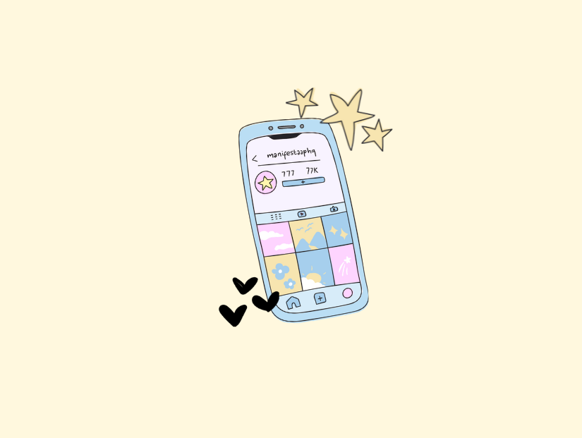 Phone with the manifestapphq profile, yellow stars and black hearts on cream, for a roundup of breakup recovery apps