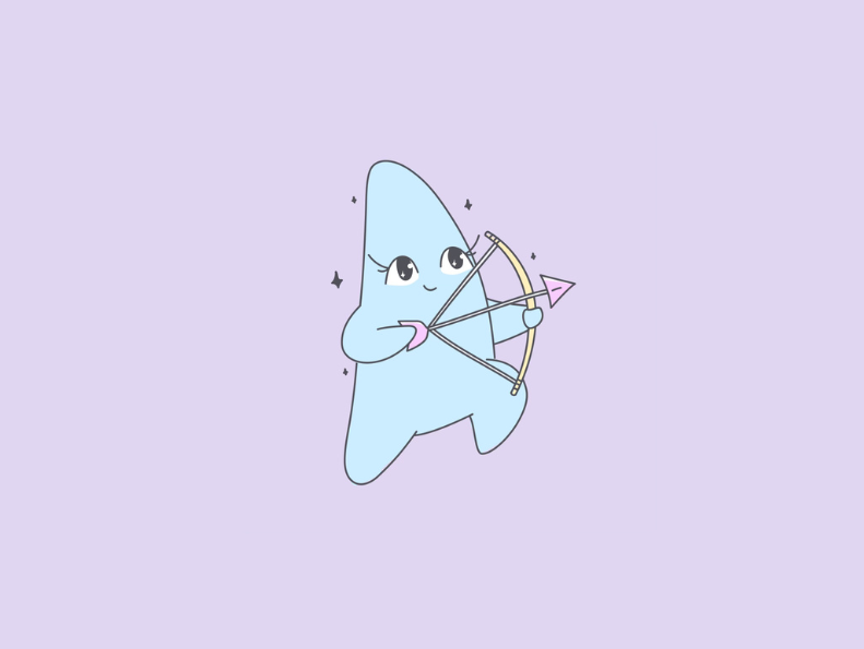 Sagittarius archer version of the Manifest star mascot, drawing a bow with a pink arrow on a lavender background