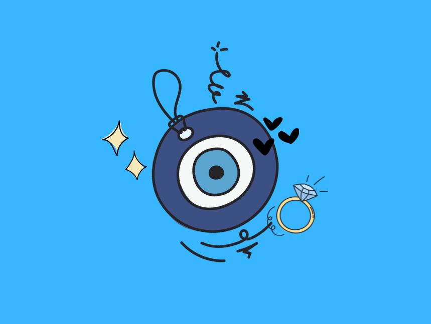 Evil eye charm, diamond ring, sparkles and hearts on bright blue, for a guide to crystals to attract love