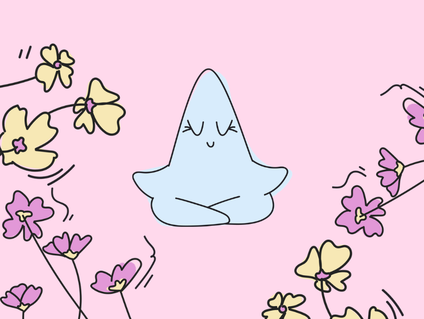 Manifest's star mascot meditating among yellow and purple spring flowers to energetically cleanse a space