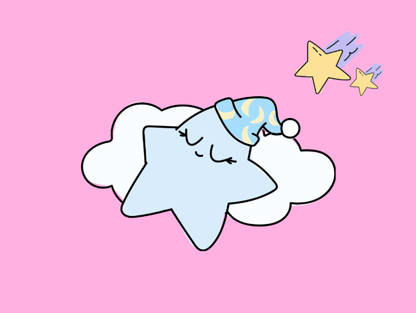 Asleep on a cloud in a moon-print nightcap under shooting stars, the Manifest star mascot dreams of manifesting a text