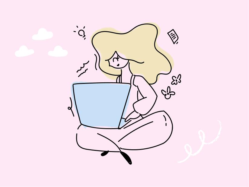 Blonde woman sitting cross-legged and typing on a blue laptop amid doodles, exploring AI-powered personalized therapy