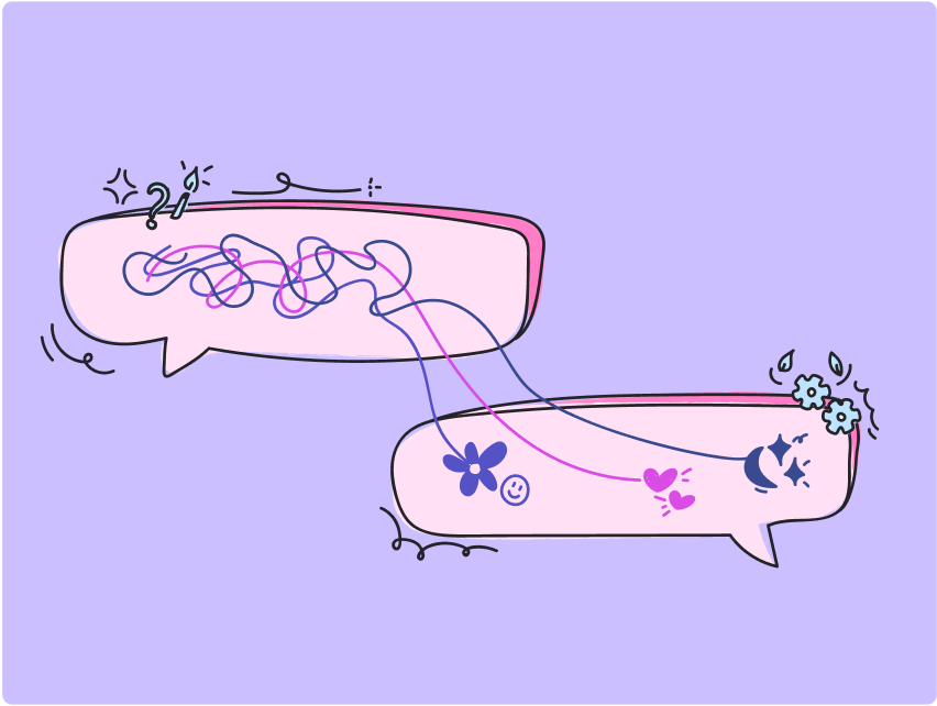 Tangled scribble in one pink speech bubble unwinding into a flower, hearts and moon in another, like AI talk therapy