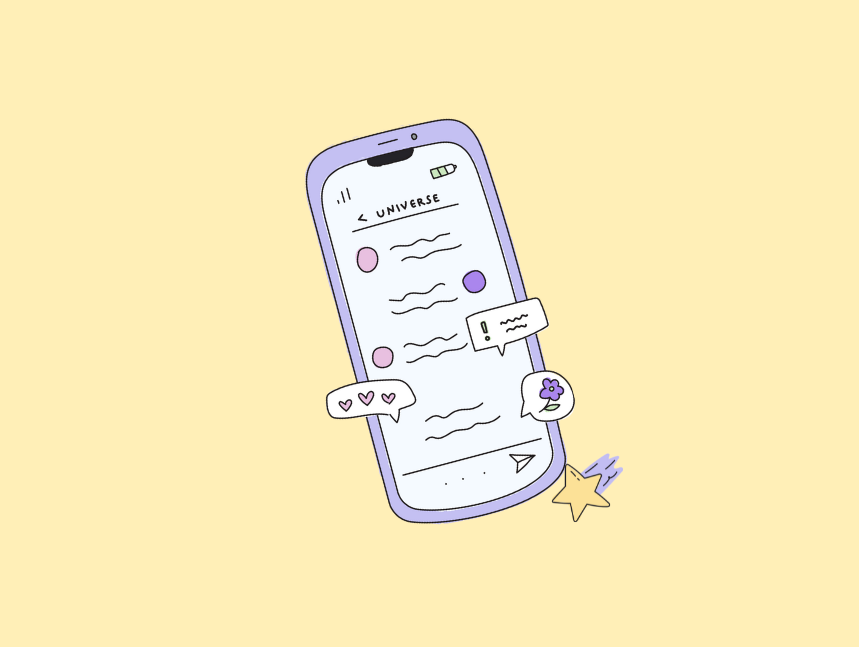 Lilac phone open to a Manifest app chat with the Universe, plus heart and flower reactions and a shooting star