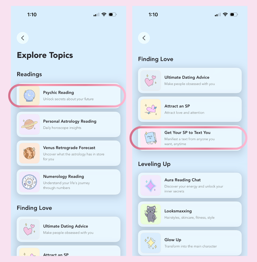 Manifest app Explore Topics screen showing Psychic Reading and the “Get Your SP to Text You” chat under Finding Love